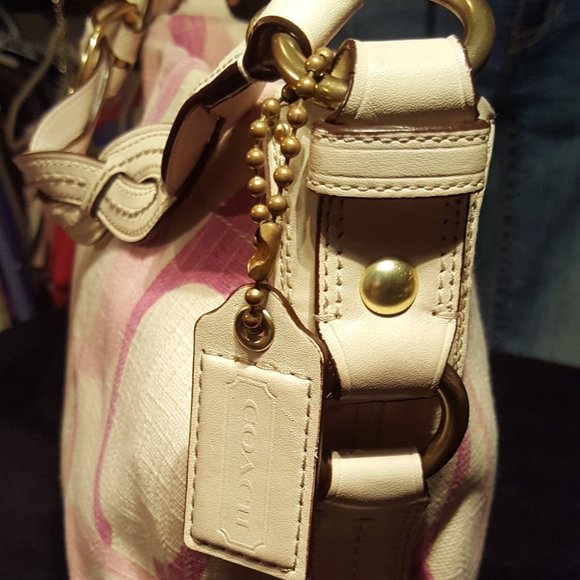 COACH Carly ♡ Gold Canvas|Leather Pinks|Cream Tonal "C" Medium Hobo Shoulder Bag - Picture 16 of 16